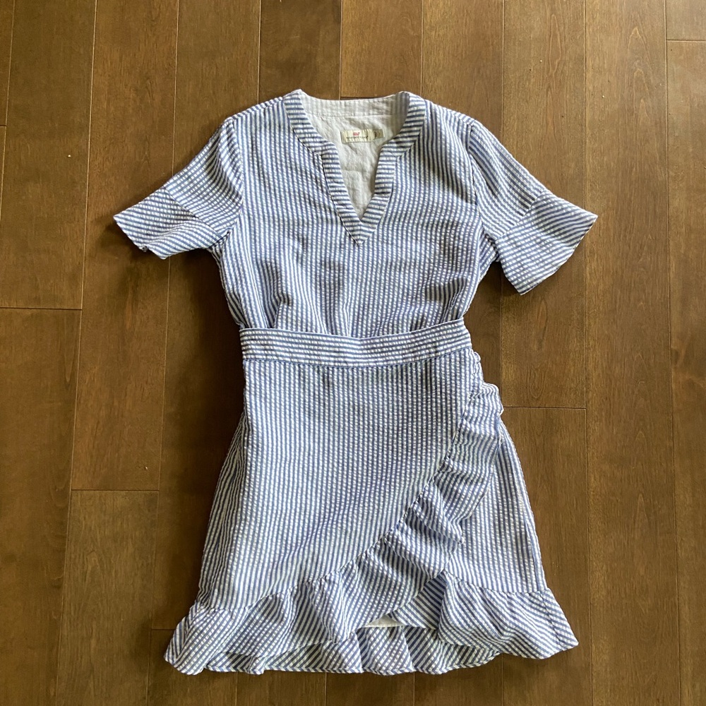 Vineyard Vines Blue Seersucker Ruffle Wrap Dress